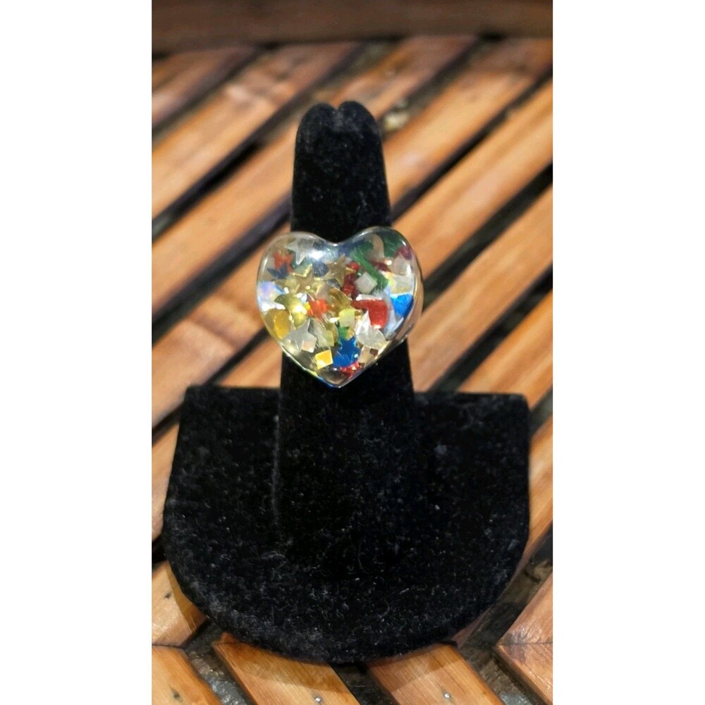 Vintage Clear Resin/ Lucite Heart Ring Size 6.5 Colorful Confetti Glitter Chunky